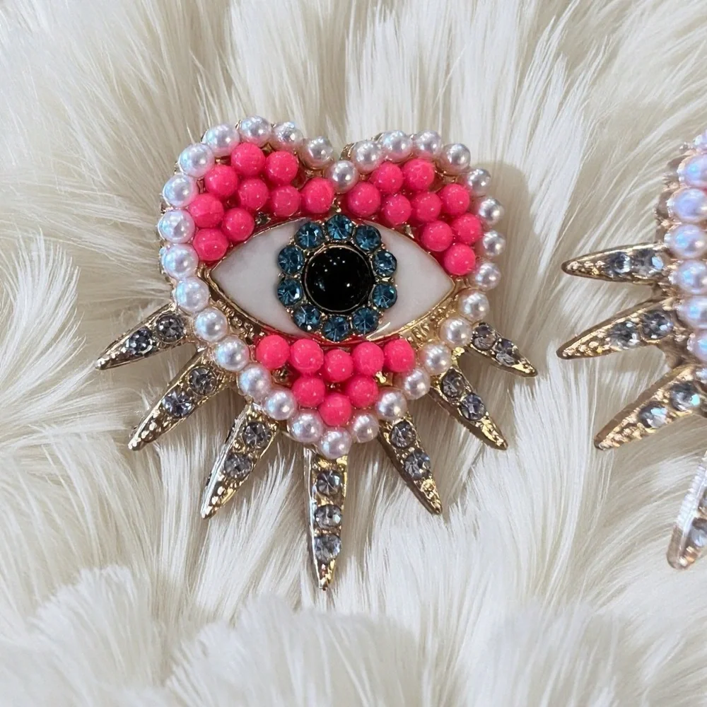 Pink White Gold Heart Rhinestone Evil Eye Post Earrings with Spikes